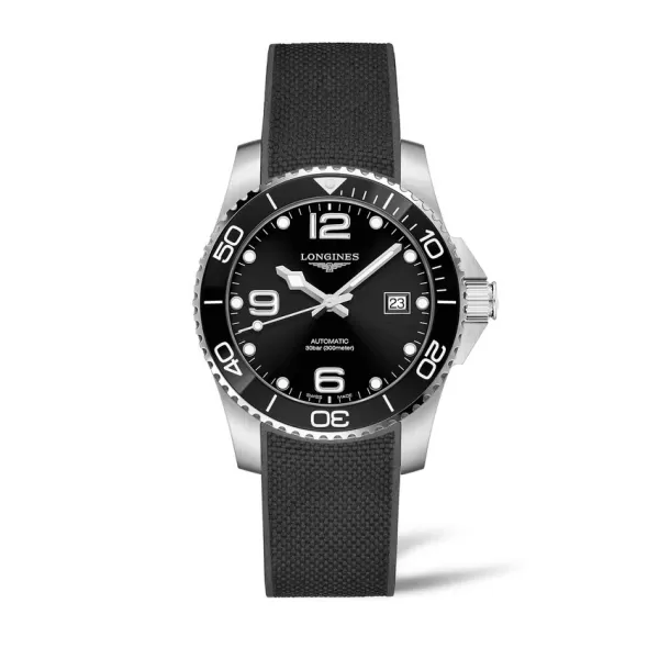 LONGINES HYDROCONQUEST STAINLESS STEEL WATCH WITH BLACK DIAL AND RUBBER STRAP
