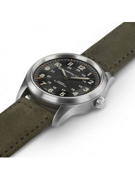 HAMILTON KHAKI FIELD MECHANICAL WATCH 38 MM IN TITANIUM AND GREEN LEATHER STRAP