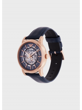 EMPORIO ARMANI LUIGI MECHANICAL WATCH IN ROSE GOLD STEEL AND BLUE LEATHER STRAP