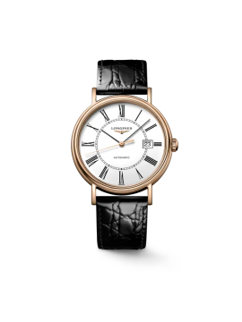 LONGINES PRÉSENCE AUTOMATIC WATCH IN STAINLESS STEEL PVD ROSE GOLD AND BLACK LEATHER STRAP