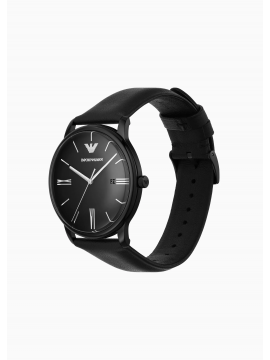 EMPORIO ARMANI MINIMALIST BLACK STAINLESS STEEL WATCH AND BLACK LEATHER STRAP