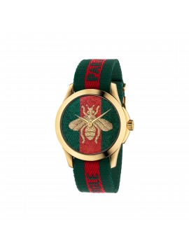 GUCCI G-TIMELESS 38MM GOLD PVD STEEL WATCH GREEN AND RED WEB MOTIF WITH BEE AND GREEN AND RED NYLON STRAP