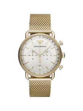 EMPORIO ARMANI AVIATOR CHRONOGRAPH WATCH IN PVD STEEL YELLOW GOLD WITH BLACK DIAL AND MESH BRACELET